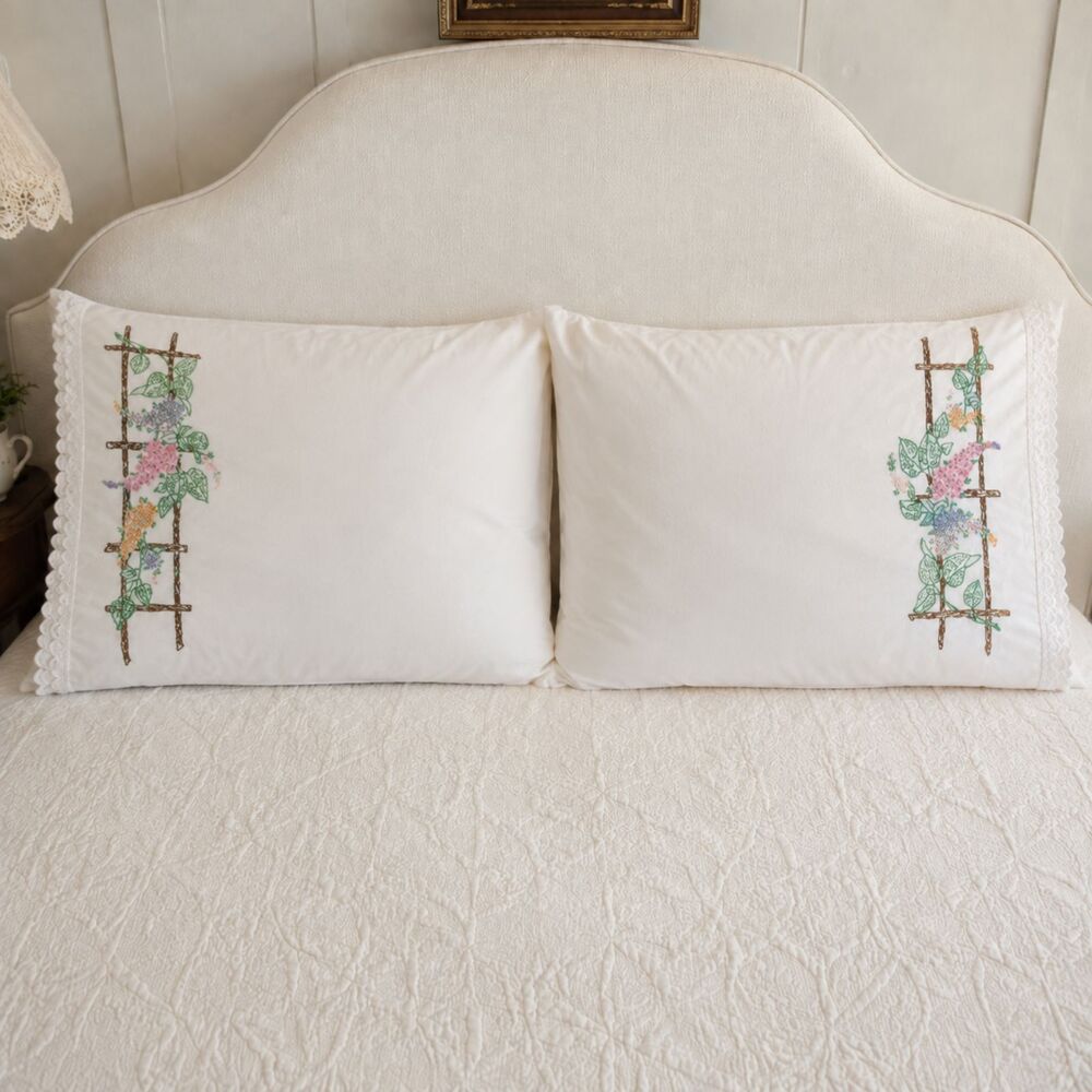 Vintage Hand Embroidered Pillowcases Pair Floral Trellis Crochet Lace 20x30